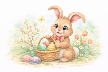 Adorable Easter Bunny With Colorful Painted Eggs