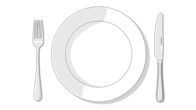 Minimalist line drawing of an empty white dinner plate set with a fork on the left and a sharp knife on the right side.