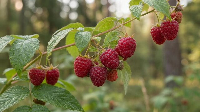 Fresh ripe red raspberries on green leafy branches in natural outdoor garden setting