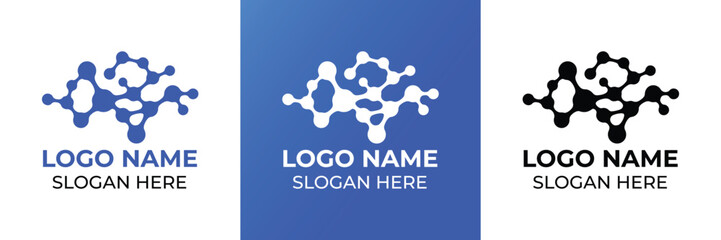 Obraz premium Vector illustration featuring three hexagonal cluster logo concepts in blue and black, each with placeholder text for logo name and slogan.