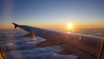 Fototapeta premium Stunning Sunset from Airplane Window with Wing and Clouds