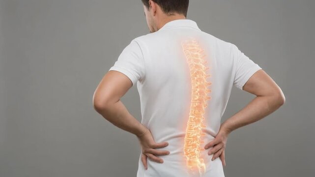 Young man experiencing lower back pain with highlighted spine anatomy on gray background