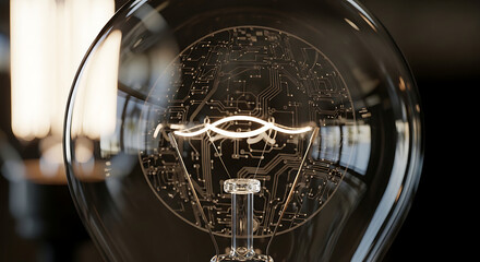 Close-up view of a glowing vintage-style clear glass light bulb with intricate filament details, casting a warm light in a dark setting.