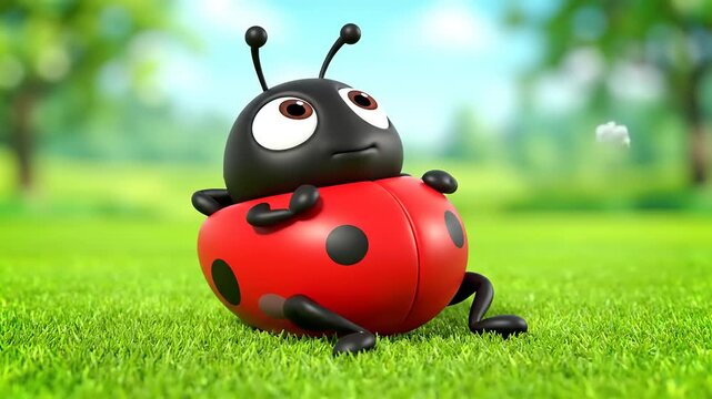 Adorable ladybug character lounging on grass, basking in sunlight, cartoonish style, showcasing calmness and spring vibe, outdoor recreation.