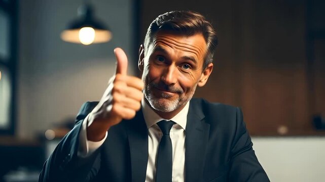 Smiling businessman thumbs up suit tie middle aged office confident professional conveying approval and positivity with warm lighting, modern