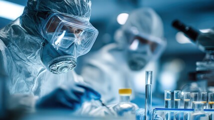 Fototapeta premium Scientists in Protective Gear Conducting Research in Laboratory Setting