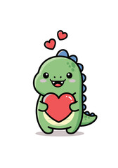 Cute Green Dinosaur Cartoon Holding Red Heart Vector Illustration