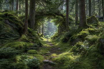Fototapeta premium Forest pathway surrounded by lush moss and tall trees with sunlight filtering through, creating peaceful and enchanting natural scene full of vibrant green foliage and rocks