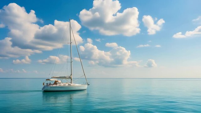 Sailboat sailing on calm blue ocean under a bright sky with fluffy white clouds