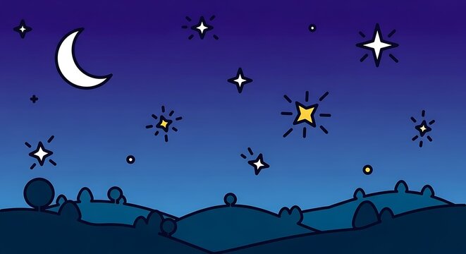 Night sky illustration crescent moon and sparkling stars over a landscape