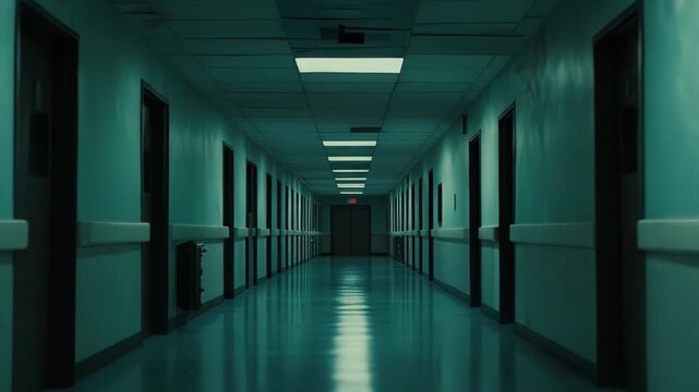 Long sterile hospital corridor receding into glowing lights and dark doorways, empty and silent, evoking tension, isolation, eerie calm and clinical anonymity