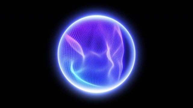 Glowing futuristic digital sphere with flowing particle wave inside neon blue and purple energy halo isolated on dark background abstract AI technology concept