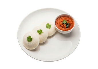 South indian idli with sambar on a white plate on transparent background
