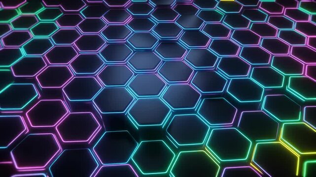 Colorful neon glowing hexagonal pattern futuristic digital background with dark surface and vibrant lighting