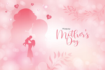 Elegant Mother&rsquo;s Day greeting card with pink background, mother and baby silhouette, hearts and floral elements. Soft romantic design celebrating love and motherhood.