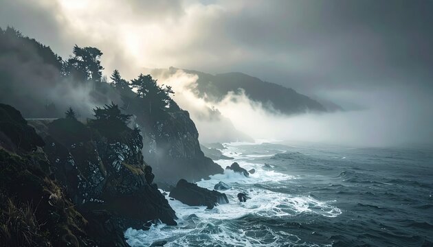 FlyPro Firefly presents a breathtaking dense fog bank rolling into a rugged coastal landscape, creating an eerie, disorienting atmosphere.