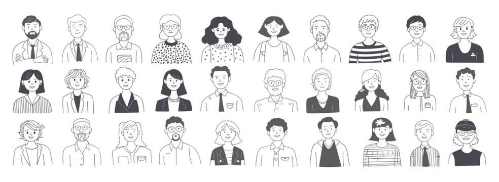 Diverse group of hand-drawn people portraits diversity