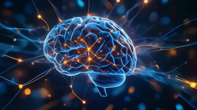 3D illustration of a glowing human brain with neural connections and electric impulses on dark background