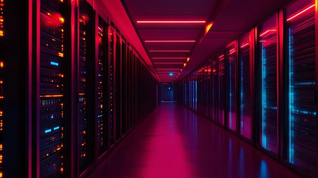 Long corridor interior in a server room, rows of hardware racks with flashing lights on panels creating a futuristic, hi tech environment and big data concept