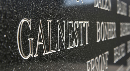 Close up of engraved names on a polished black granite monument, likely a memorial or headstone, with a shallow depth of field