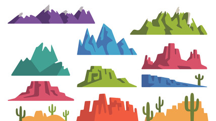 Desert landscapes with mountains and cacti, vector illustrations depicting arid scenery, rugged terrain, natural desert vegetation, southwestern environment, travel, outdoor adventure, and creative 