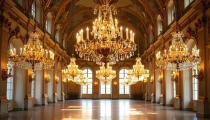 Obraz premium Grand Ballroom Interior with Ornate Chandeliers and Architectural Details.