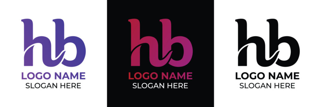Vector illustration of a minimalist HB logo with placeholder text for name and slogan, shown in purple, red, and black color schemes.