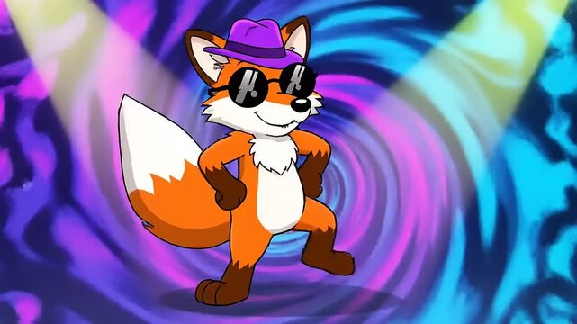 Cartoon fox dancing in club, wearing sunglasses and hat, fun, lighthearted, bright, cheerful, energetic, party animal, vector, whimsical, stage