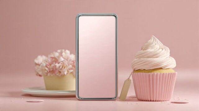 Smartphone Mockup with Pink Cupcake and Flowers on Pastel Background Landscape Orientation Sweet and Elegant Nuance