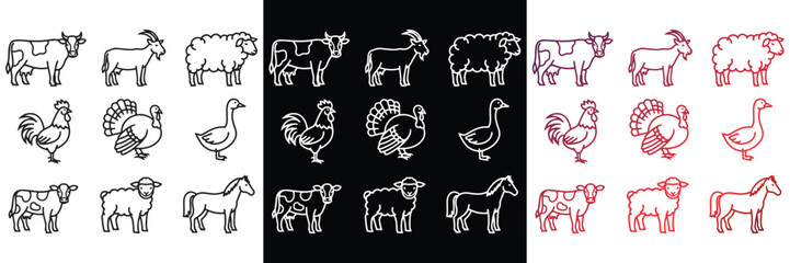 A set of 24 vector illustrations depicting various farm and domestic animals in black and red outline styles.