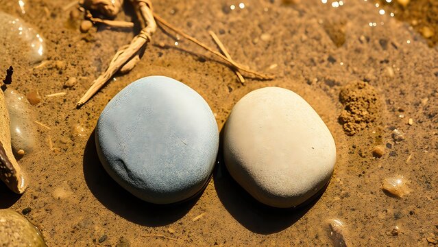  Two smooth river stones resting on a sandy stream bed, natural textures.