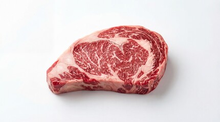 Fototapeta premium Raw marbled ribeye steak photographed closeup against a clean white background for premium culinary display