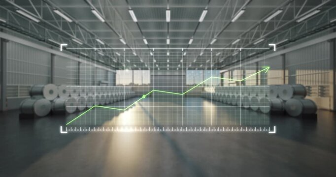 Warehouse with industrial steel rolls,
overlaying dynamic upward-trending graph line, symbolizing rising production levels, increased industrial demand and increase in stock market price value. 