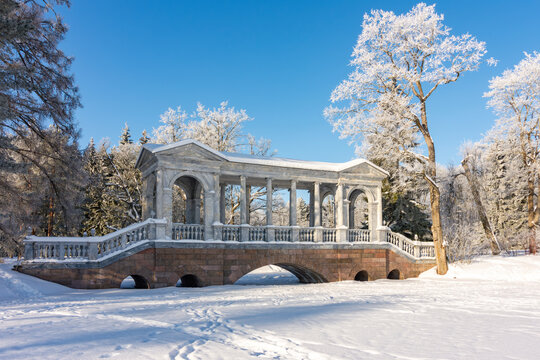 Marble bridge in Catherine park in winter, Tsarskoe Selo (Pushkin), Saint Petersburg, Russia