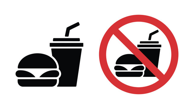 Fast food and drinks prohibited sign, vector illustration with red prohibition symbol over black icons on white background, representing unhealthy eating restrictions, dietary guidelines, health aware