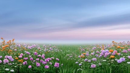 Obraz premium Tranquil Meadow with Colorful Wildflowers Under a Soft Morning Sky at Dawn, Creating a Peaceful Atmosphere for Nature Lovers and Photographers