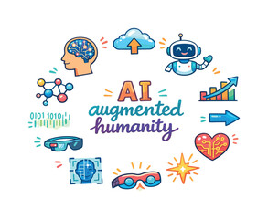 AI augmented humanity. Hand drawn illustration of AI augmented humanity. human head profile, digital brain,