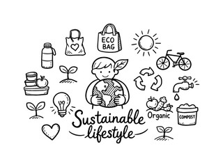 Fototapeta premium Sustainable lifestyle. Hand-drawn doodle illustration of Sustainable lifestyle. In the