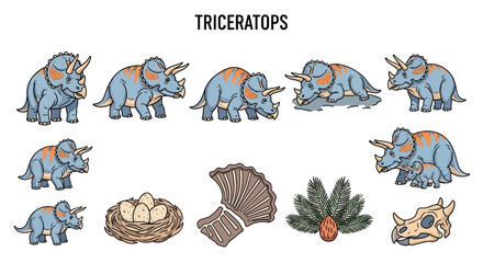 Cartoon illustration of Triceratops dinosaurs and related artifacts on a white background © Faisal