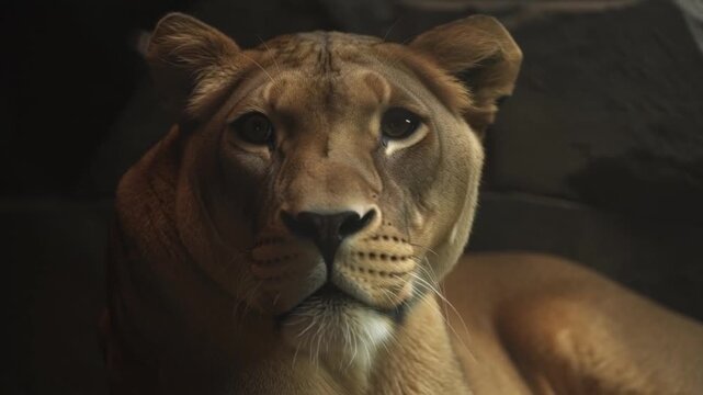 Close up slow motion lion portrait resting golden hour cinematic 4k footage