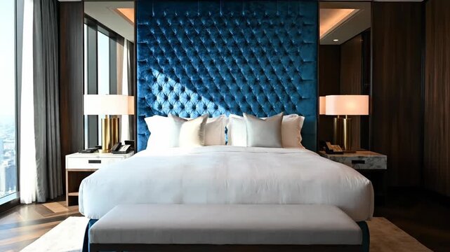 Interior of luxurious hotel room with large bed and city view from the window presenting opulent accommodation and design