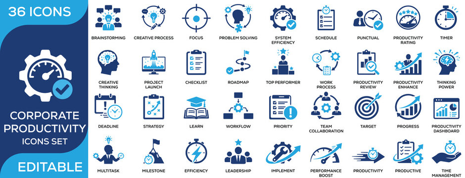 Corporate productivity solid icon set featuring efficiency, leadership, time management, workflow, milestones, and performance. Flat vector icons for business productivity projects.