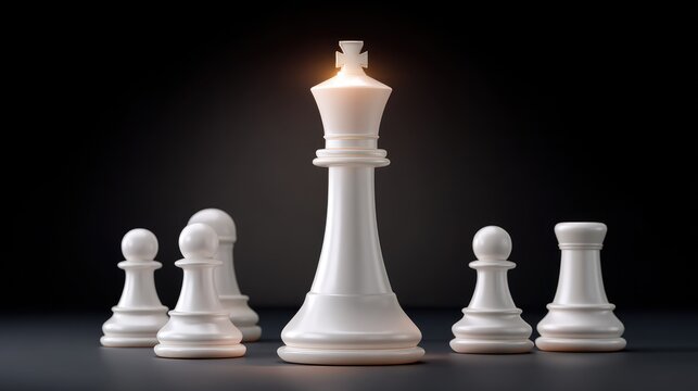 Elegant White Chess King Surrounded by Pawns with Dramatic Lighting Against Dark Background, Symbolizing Strategy and Leadership in Game of Chess