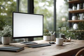 Modern desktop computer with blank screen on wooden desk in bright home office with plants and coffee cup, creating calm and productive workspace atmosphere