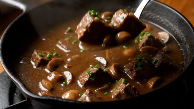 Delicious beef stew with fresh herbs in cast iron skillet