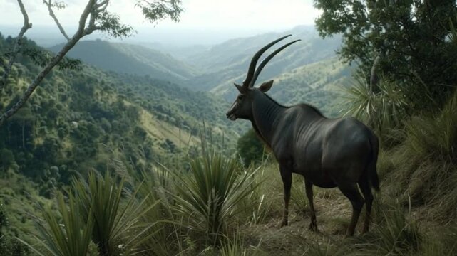 antelope standing on a rocky hillside aerial view, 4k footage