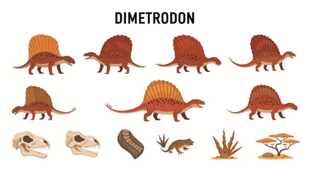 Vector illustrations of Dimetrodon depictions fossils and paleoenvironment elements on a white background © Faisal