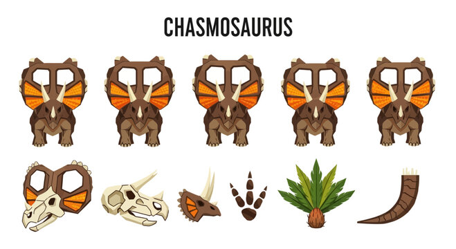Stylized illustrations of Chasmosaurus dinosaur its fossils footprint flora and horn