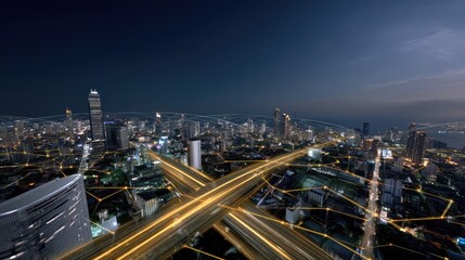 Fototapeta premium Aerial View of a Vibrant Cityscape at Night Showcasing Skyscrapers, Busy Roads, and Illuminated Urban Life with Light Trails Creating Dynamic Patterns