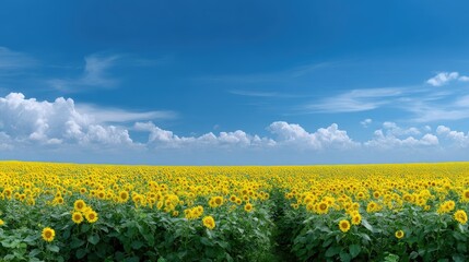 Expansive Field of Sunflowers Under Clear Blue Sky with Fluffy Clouds in the Background, Vibrant Yellow Blooms Stretching Across the Landscape